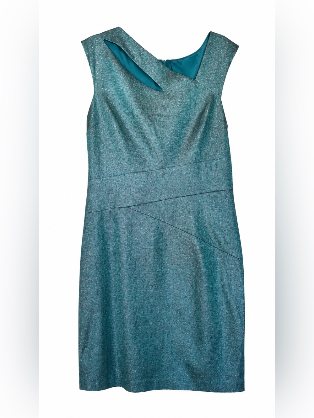 Kay Unger New York Metallic Teal Sheath Dress Asymmetrical Neckline Size 16